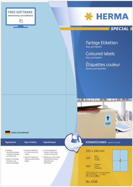 Herma etikett Coloured Labels sinine 4398 100 Sheets 400tk 105X148