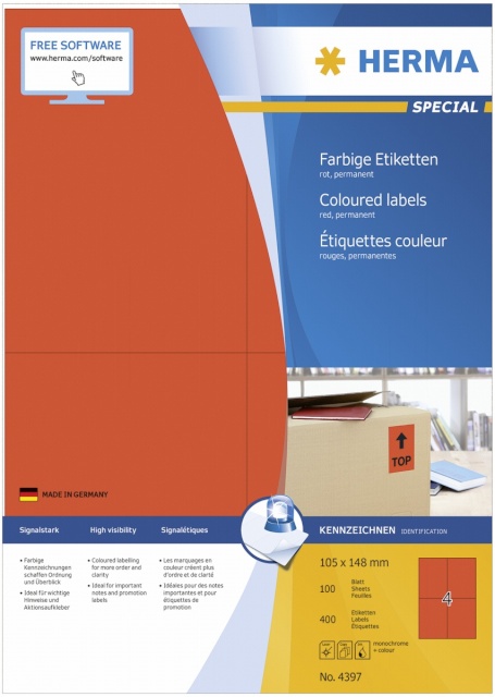 Herma etikett Coloured Labels punane 4397 100 Sheets 400tk 105X148