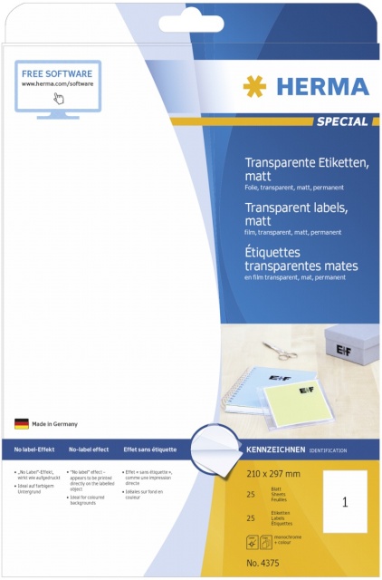 Herma etikett Transparent Labels 210X297 25 Sheets DIN A4 25tk 4375