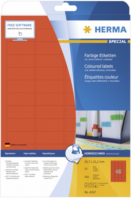 Herma etikett Labels punane 45,7x21,2 20 Sheets DIN A4 960tk 4367