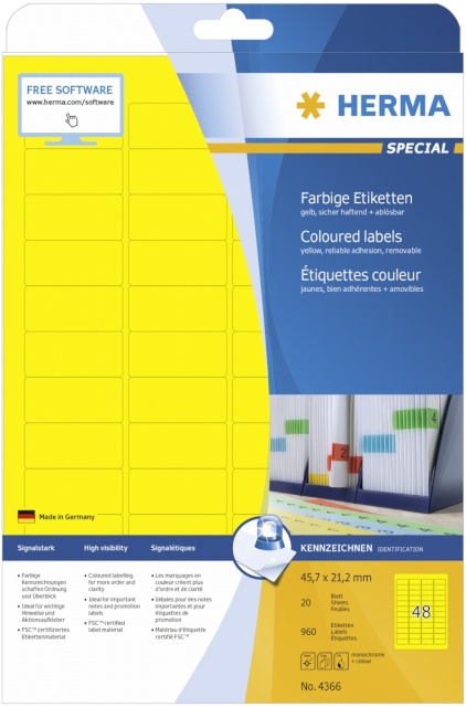 Herma etikett Labels kollane 45,7x21,2 20 Sheets DIN A4 960tk 4366