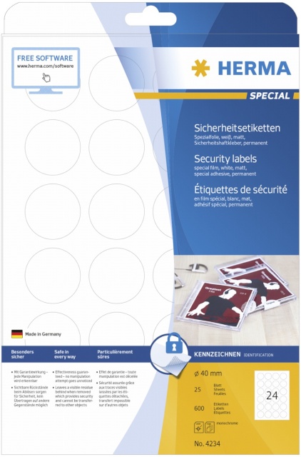 Herma etikett Security Labels 40 25 Sheets DIN A4 600tk 4234