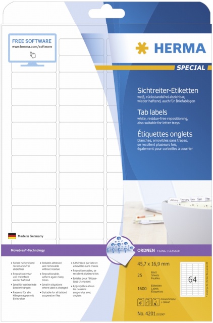 Herma etikett Tab Labels 45,7x16,9 25 Sheets DIN A4 1600tk 4201