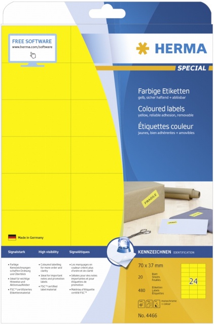 Herma etikett Labels kollane 70x37 20 Sheets DIN A4 480tk 4466