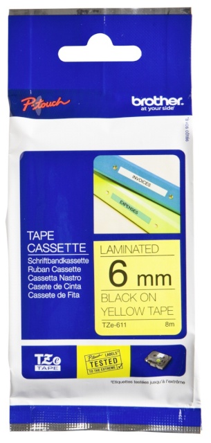 Brother TZe-611 Laminated Tape Black on Yellow, TZe, 8 m, 6 mm
