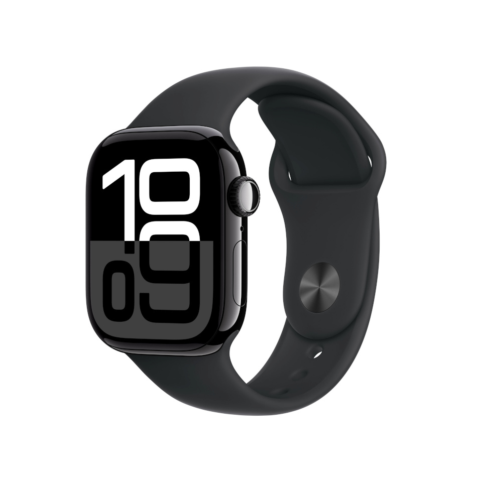 Apple Watch Series 10 (GPS) 42mm peegelmust alumiiniumkorpus musta sportrihmaga, S/M (MWWE3)