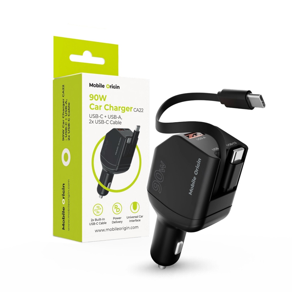 Mobile Origin laadija 90W Car Charger CA22 USB-C+USB-A 2x cable 60cm