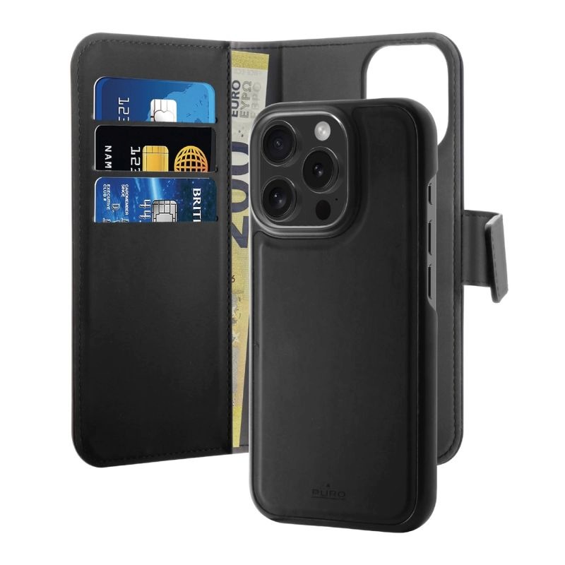 Puro Wallet Detachable MagSafe 2-in-1 PU Leather Case with Flap and Wallet for iPhone 16 Pro Max - Black