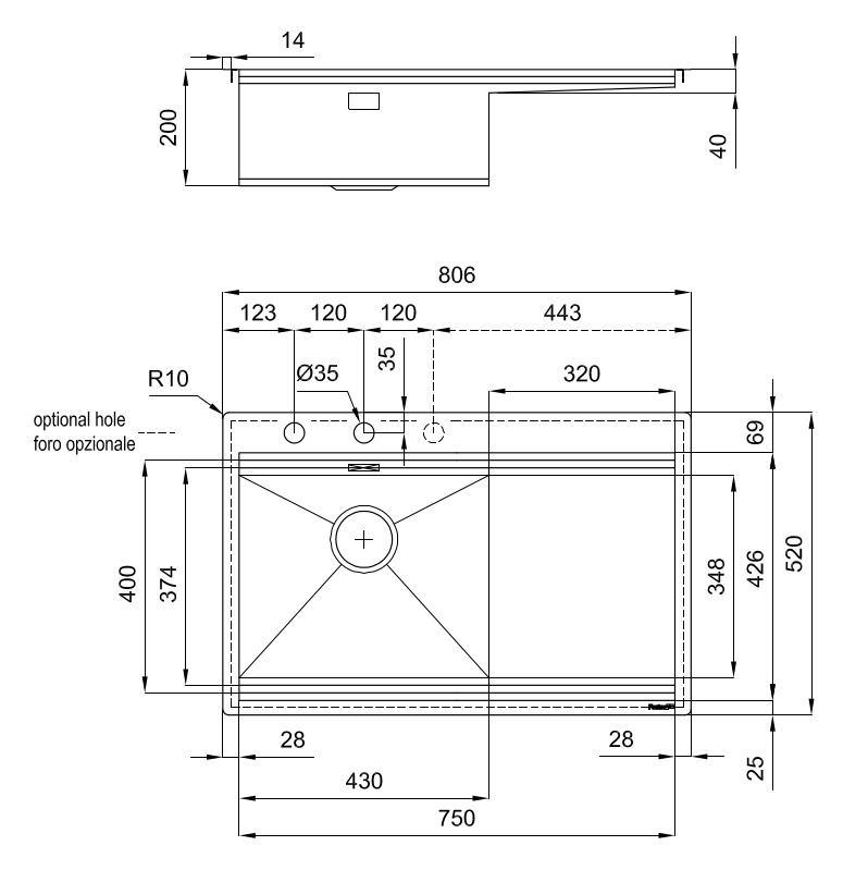 Foster kraanikauss 1040051 MILANELLO WRKST 806x520 FM 1 RHB+DR