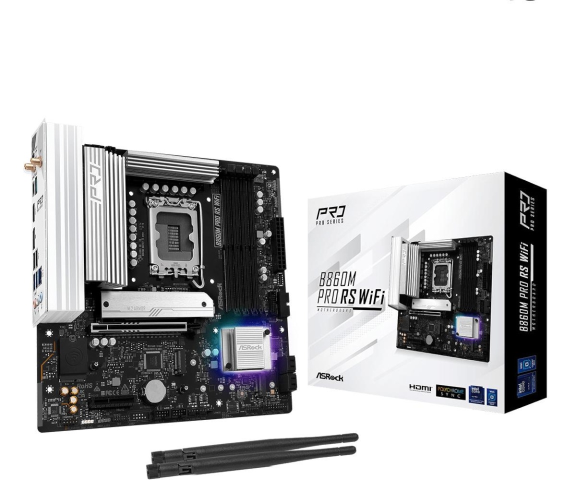 Asrock emaplaat intel B860 LGA 1851 (socket V1) micro ATX ram Ddr5-sdram 4xslots wi-fi Yes bluetooth Yes 3xnumber Of M.2 (m) Slots b860mprorswifi