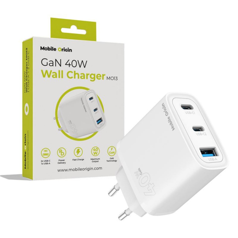 Mobile Origin laadija 40W GaN Charger MO13 valge 1x USB-A + 2x USB-C