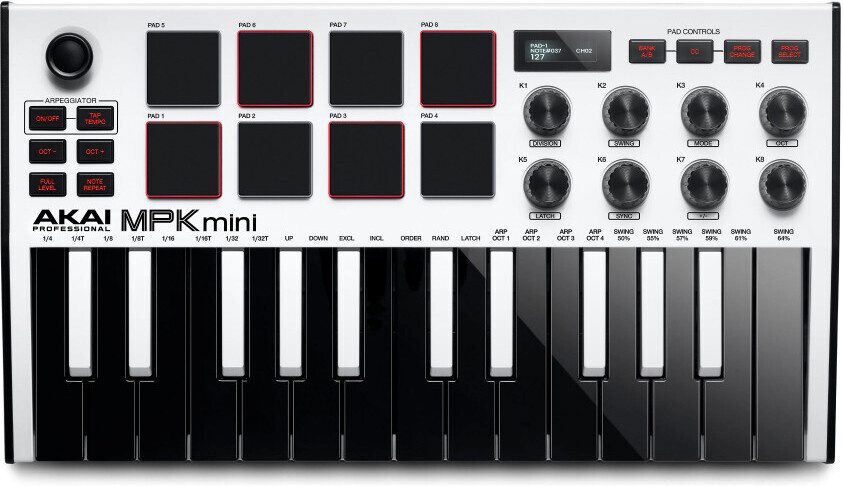 Akai MPK Mini 3 mini-suuruses USB-klaviatuur, valge