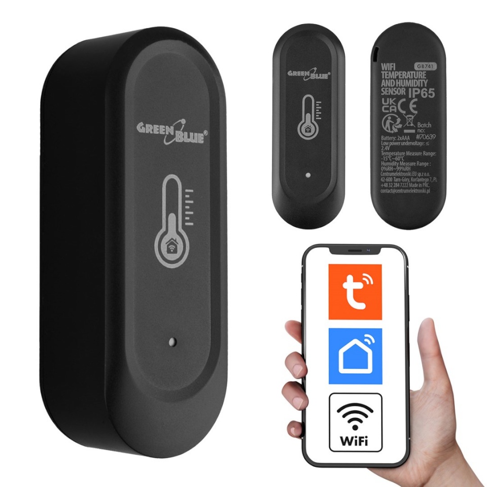 GreenBlue Outdoor WiFi Temperature and Humidity Sensor, Android/iOS, 3.0V DC, LR03x2, IP65, GB741