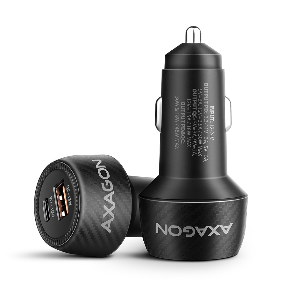 AXAGON PWC-PQ48 autolaadija 48W, USB-A + USB-C, PD3.0/PPS/QC4+/SFC, must