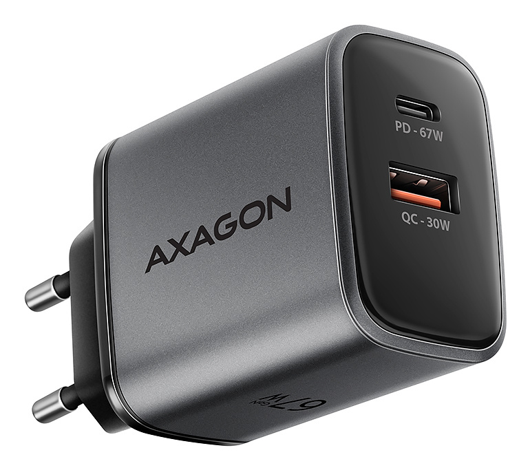 AXAGON ACU-PQ67 GaN Wall charger 67W, 2x port (USB-A + USB-C) PD3.0/PPS/QC4+/SFC 2.0/Apple, must