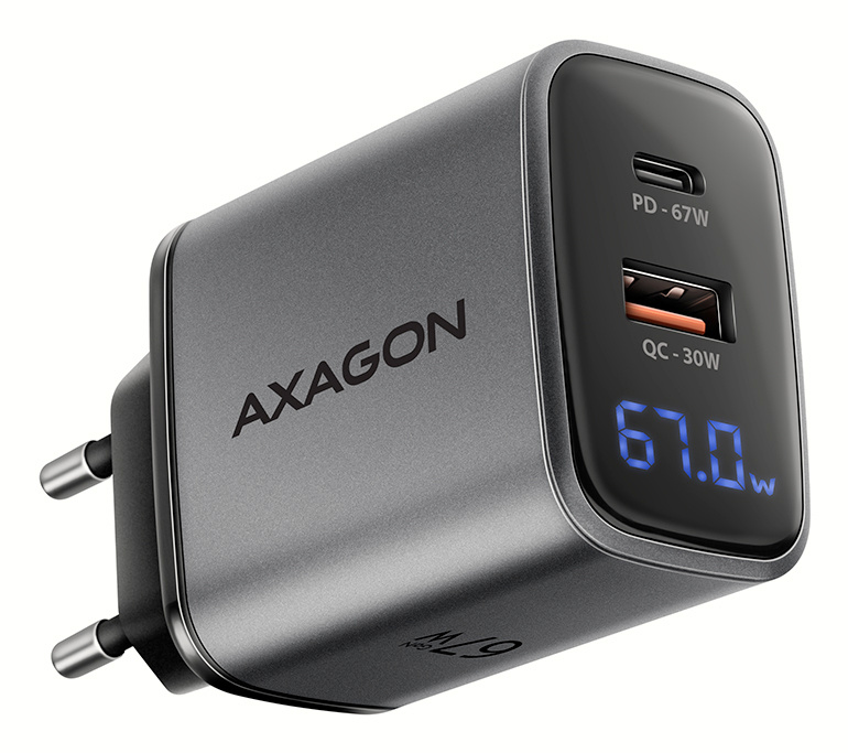 AXAGON ACU-PQ67D GaN Wall charger 67W, USB-A + USB-C, PD3.0/PPS/QC4+/SF, must