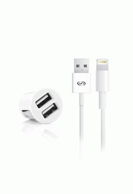 Fonex 2xUSB autolaadija Lightning kaabliga, 2.1A, valge