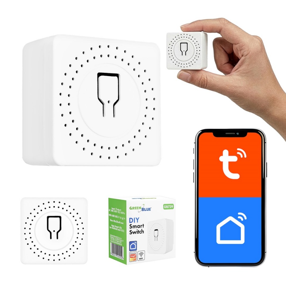 GreenBlue Flush-Mount WiFi Relay, Android/iOS/Alexa/Google Home, 100–240 V AC, 50/60 Hz, max. 16 A, for 150 W LEDs, GB739