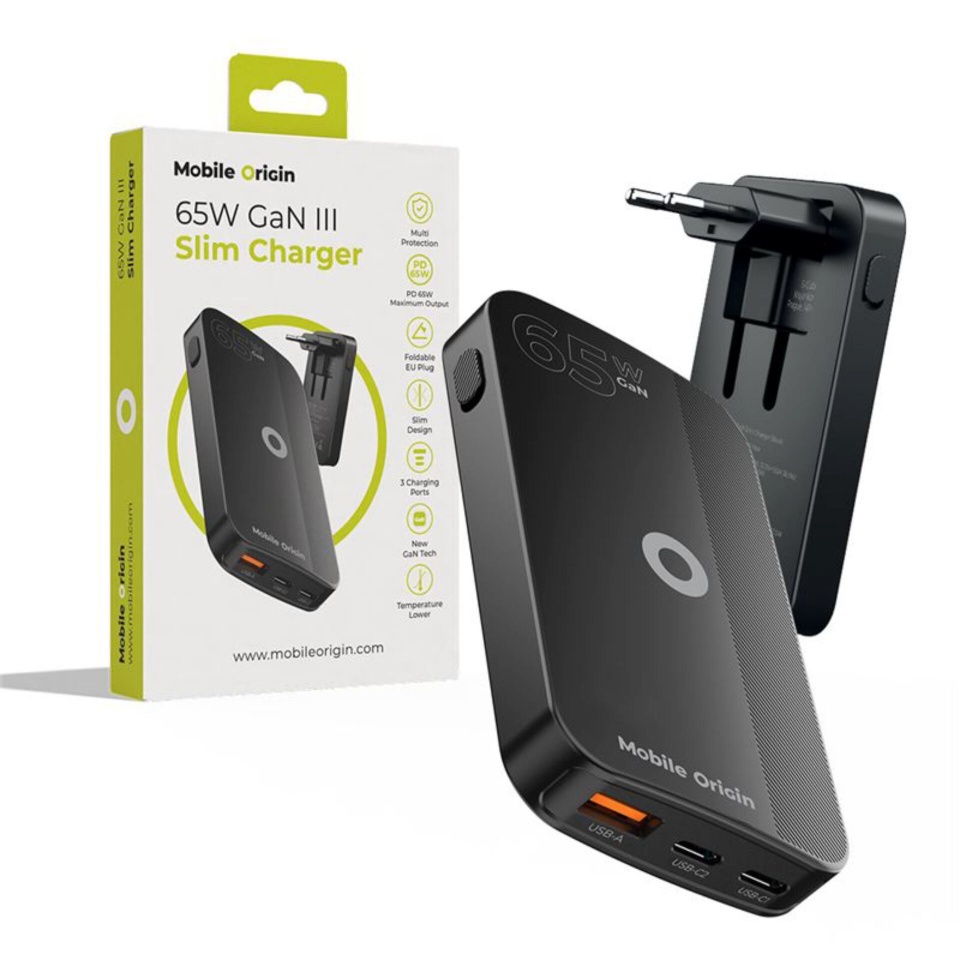Mobile Origin laadija 65W GaN Slim dual USB-C single USB-A must
