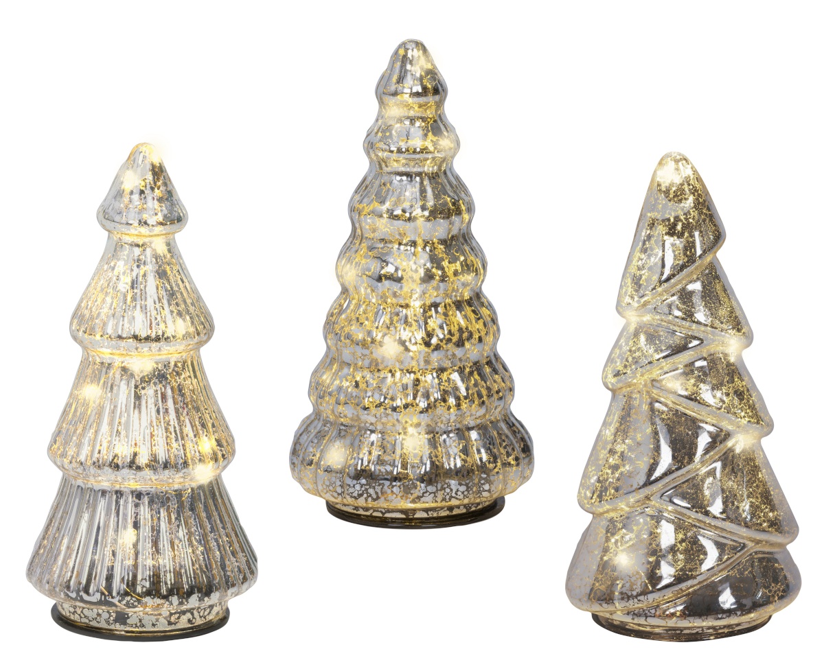Lumineo jõuludekoratsioon 489511 Glass Tree Set with Lights, 3tk, hõbedane
