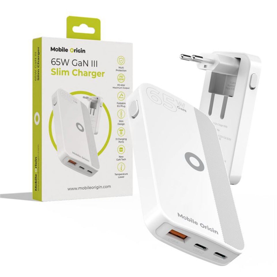 Mobile Origin laadija 65W GaN Slim dual USB-C single USB-A, valge