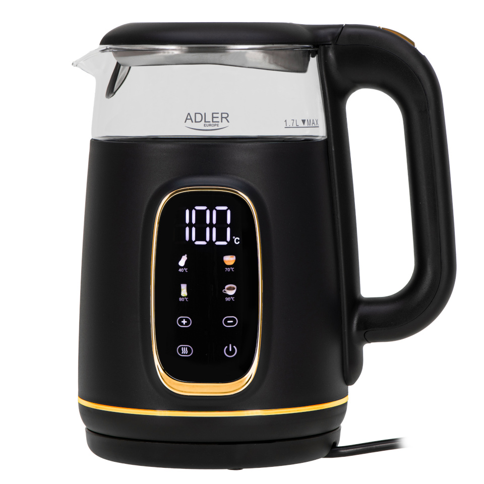 Adler veekeetja AD 1305 Electric Kettle Glass with LED Display, must/kuldne