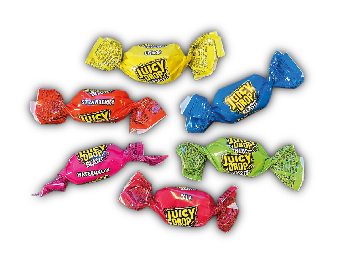 Bazooka lahtised kommid Pick & Mix Juicy Drop Blasts puuvilja-toffee pulbritäidisega, 1kg