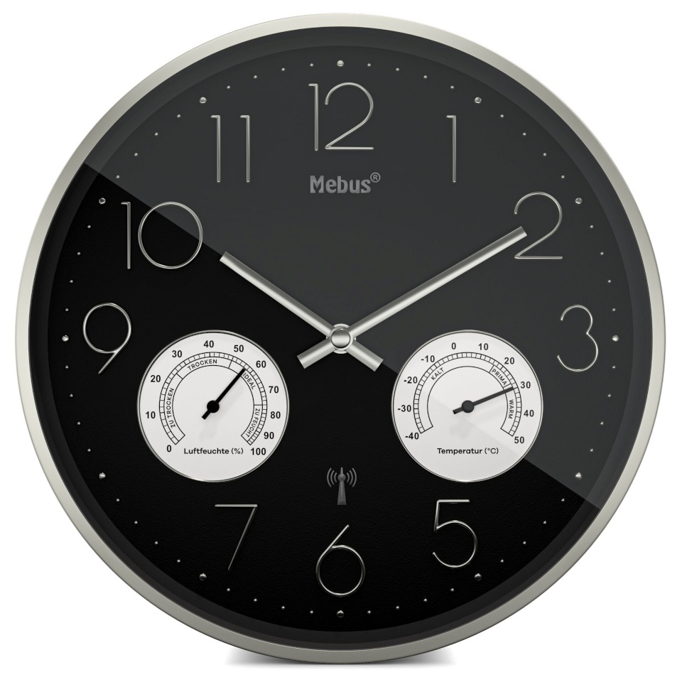 Mebus seinakell 12988 Radio Wall Clock with Thermo-Hygrometer, hõbedane/must