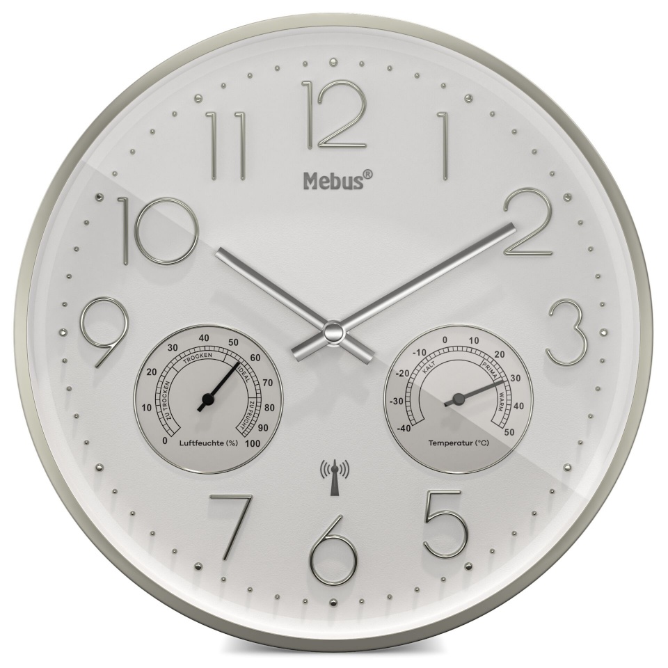 Mebus seinakell 12989 Radio Wall Clock with Thermo-Hygrometer, valge/hõbedane