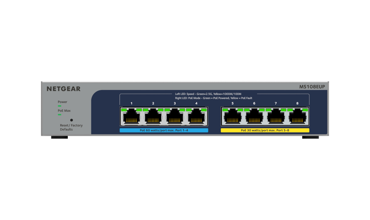 Netgear switch 8-port Ultra60 PoE++ Multi-Gigabit (2.5G) Ethernet Plus Managed L2/L3 2.5G Ethernet (100/1000/2500) Power over Ethernet (PoE) hall