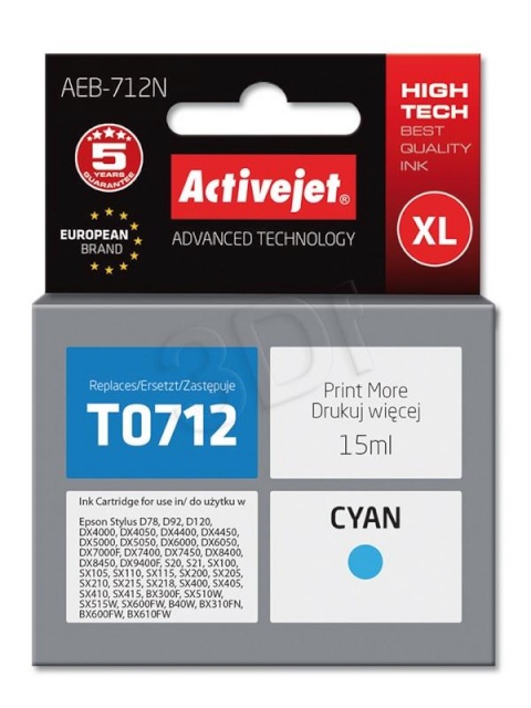 Activejet tindikassett AEB-712N (Epson, T0712, T0892, T1002 supreme 15ml tsüaan)
