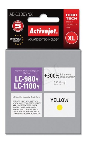 Activejet tindikassett AB-1100YNX (Brother, LC1100Y/980Y supreme 19,5ml yellow)