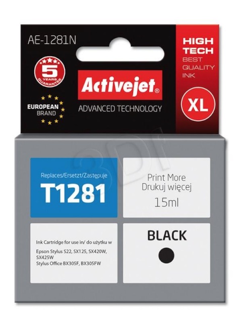 Activejet tindikassett AE-1281N (Epson, T1281 supreme 15ml must)