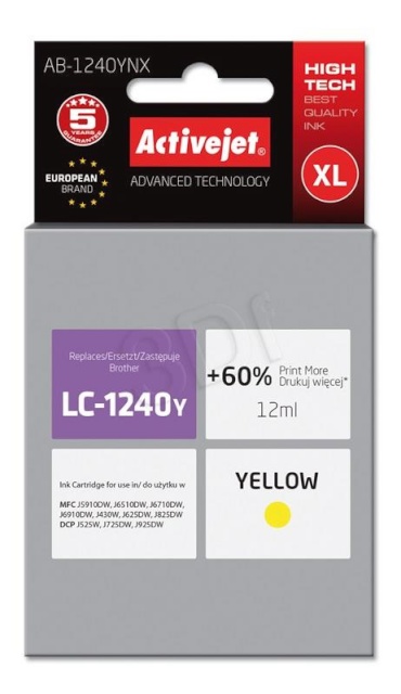 Activejet tindikassett AB-1240YNX (Brother, LC1240Y/1220Y supreme 12ml yellow)