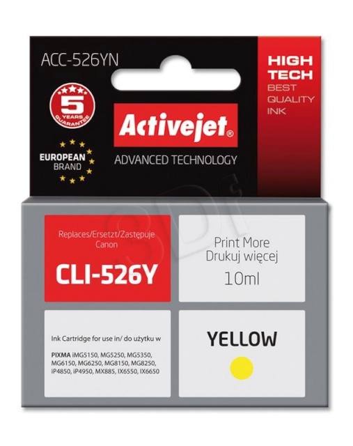 Activejet tindikassett ACC-526YN (Canon, CLI-526Y supreme 10ml yellow Chip)