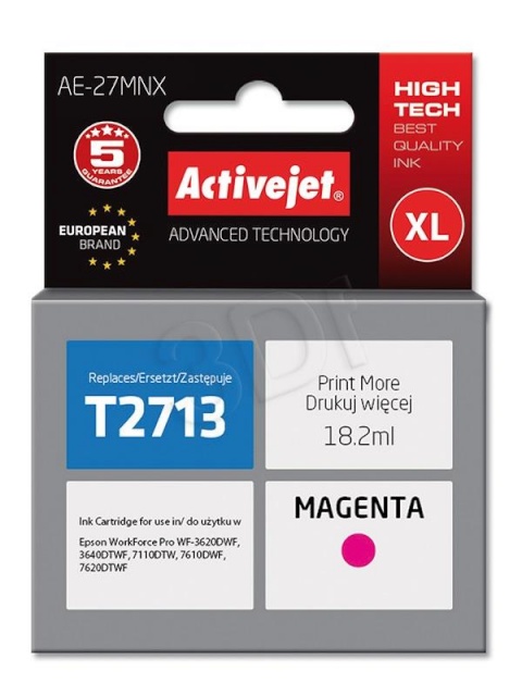 Activejet tindikassett AE-27MNX (Epson, 27XL T2713 supreme 18,2ml magenta Chip)