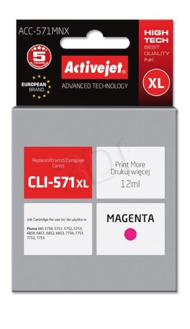 Activejet tindikassett ACC-571MNX (Canon, CLI-571M XL supreme 12ml magenta Chip)