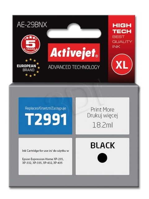 Activejet tindikassett AE-29BNX (Epson, 29XL T2991 supreme 18,2ml must Chip)