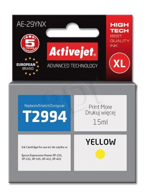 Activejet tindikassett AE-29YNX (Epson, 29XL T2994 supreme 15ml yellow Chip)